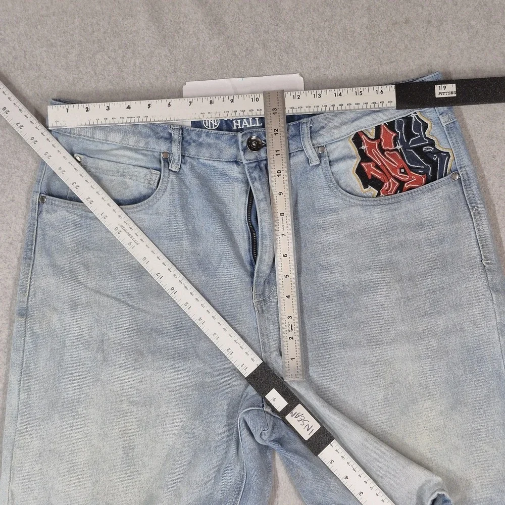 Ninth Hall Men Shorts 36 Light Blue Denim Y2K Grunge Embroidered Graphic Skull